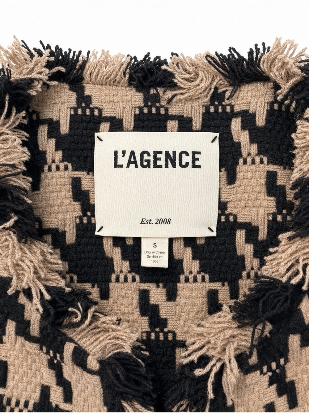L'AGENCE Adette Black and Tan Houndstooth Fringe Tweed Jacket - Picture 6 of 7